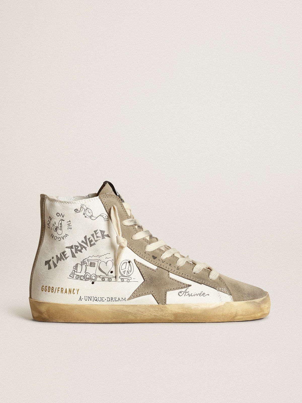 Golden Goose - Damen Francy mit taubengrauen Rauledereinsätzen und All-Over-Schriftzug in 