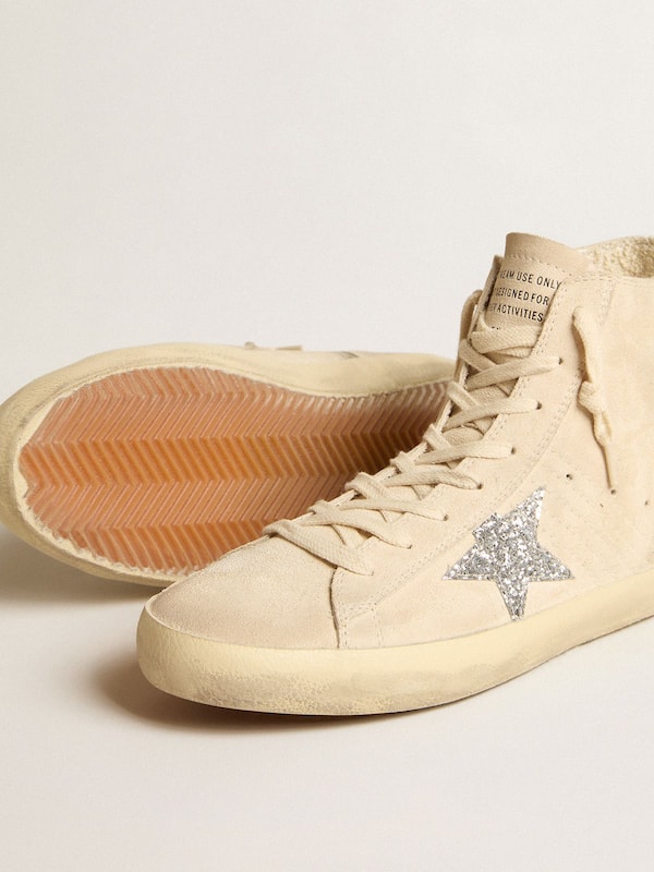 Golden Goose - Women's Francy in beige suede with silver glitter star in 