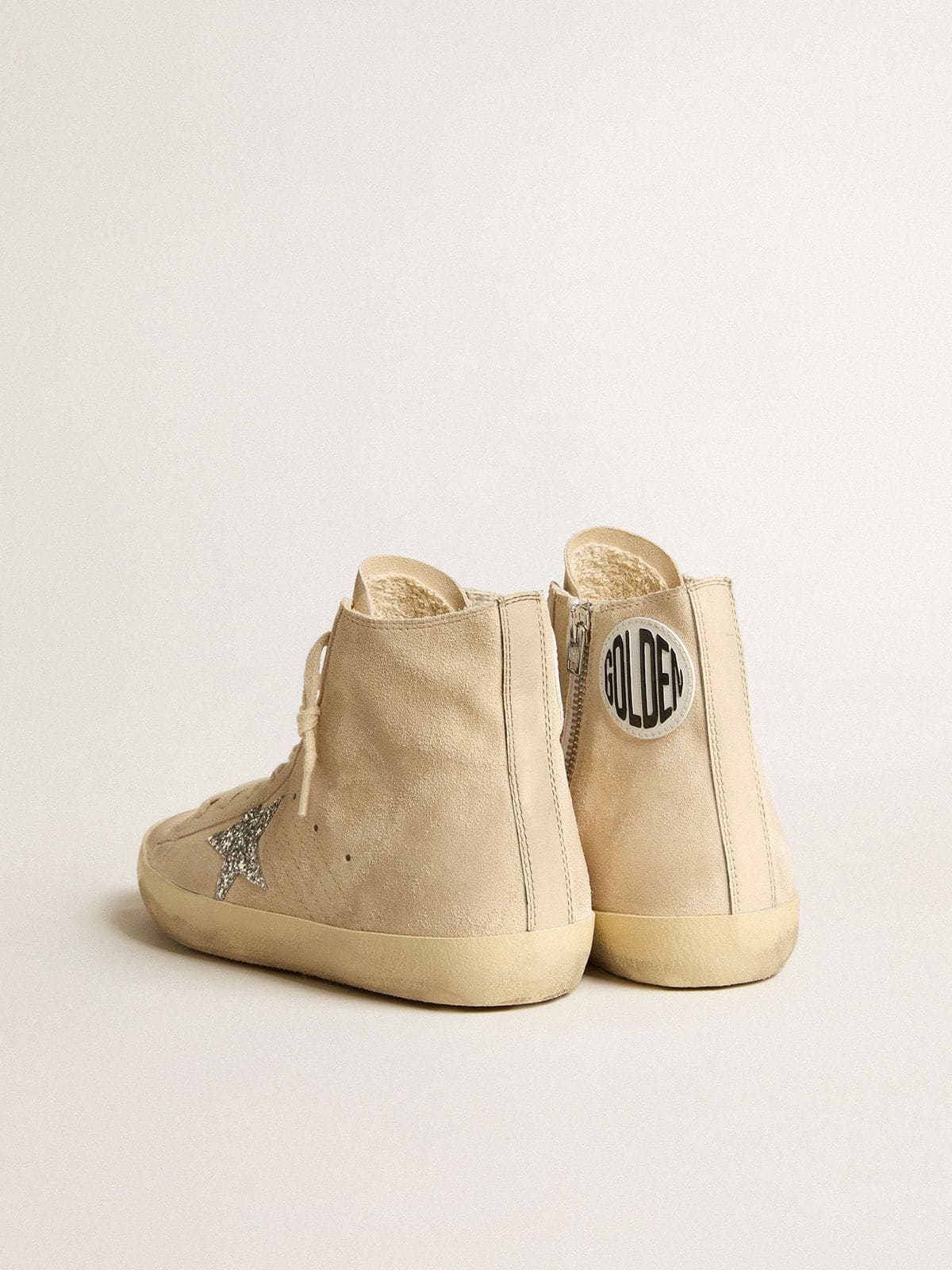 Golden Goose - Francy Donna in suede beige con stella in glitter argento in 