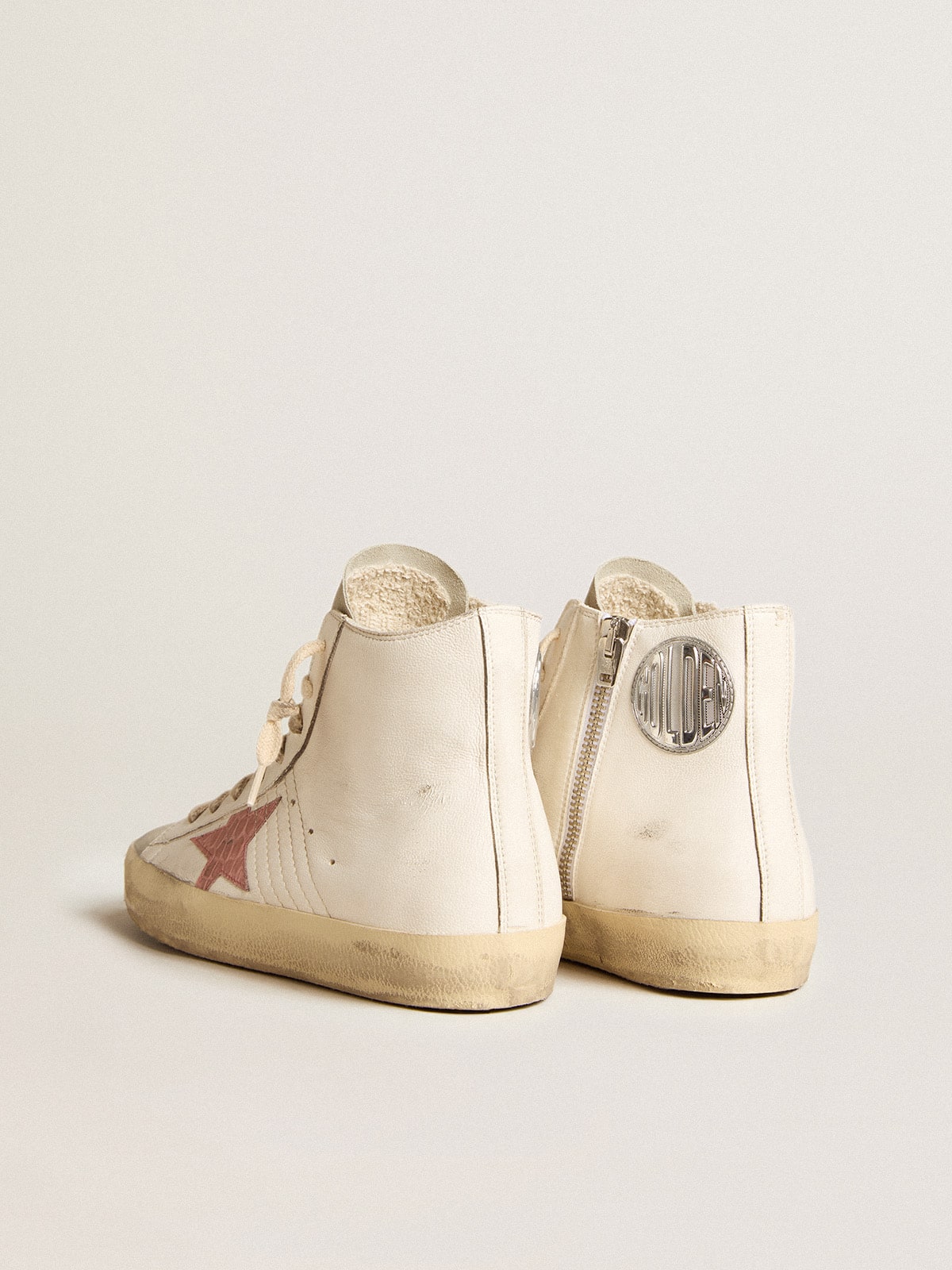 Golden Goose - Francy in cream nappa with pink crocodile-print leather star in 