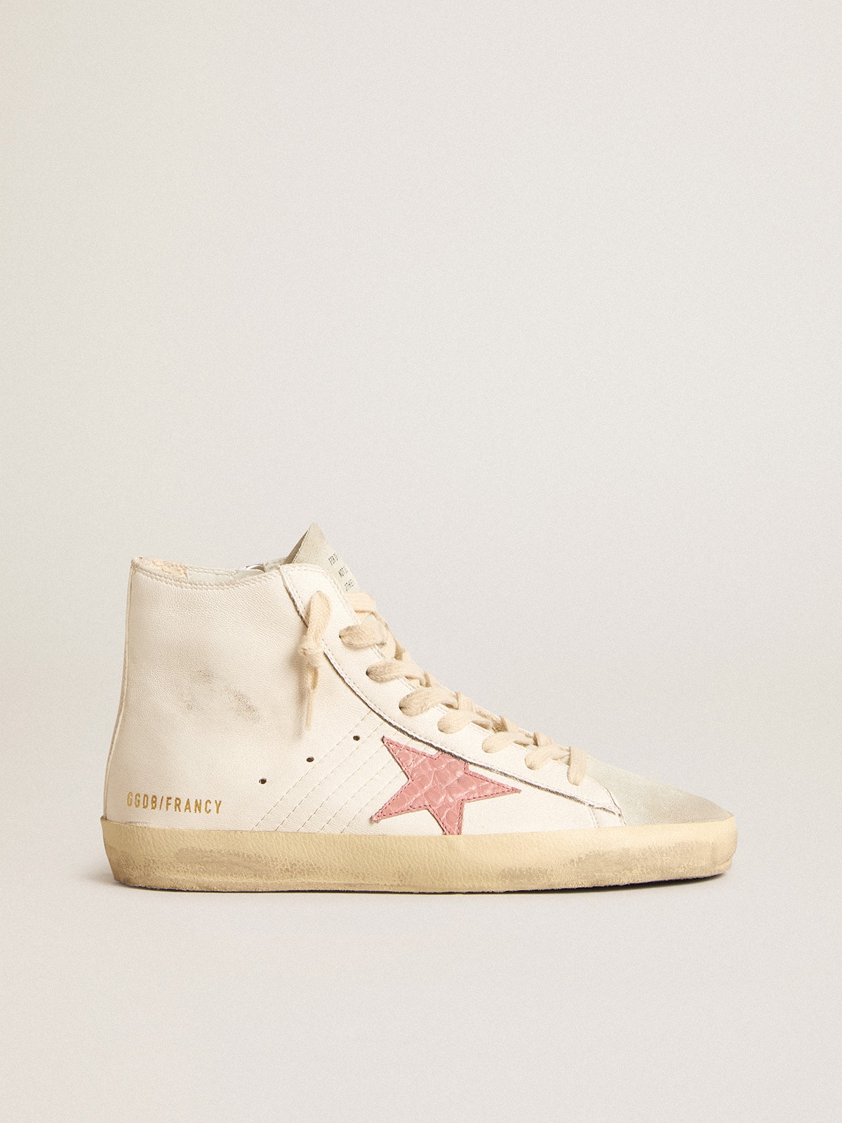 Golden Goose - Francy in cream nappa with pink crocodile-print leather star in 