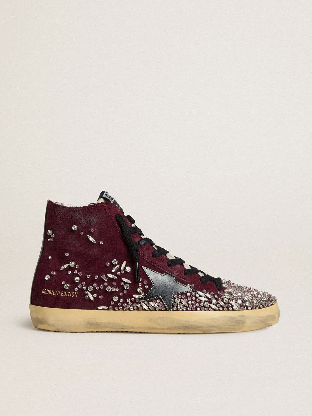 Golden Goose - Women's Francy LAB in burgundy suede with glossy black leather star and rhinestones in 
