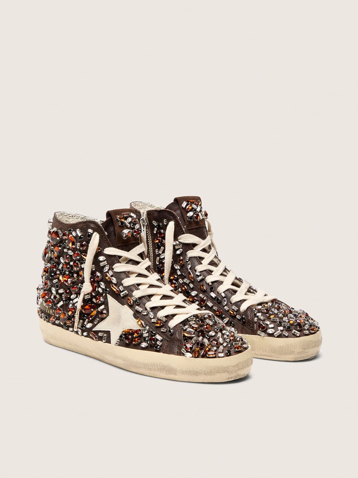Women's Francy in dark brown leather with multicolor rhinestones and white suede star
