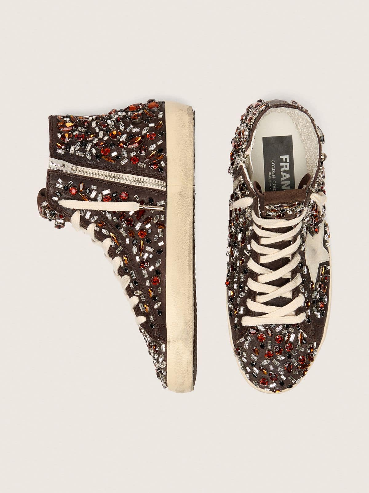 Golden Goose - Francy Donna in pelle marrone scuro con strass multicolor e stella in suede bianco in 