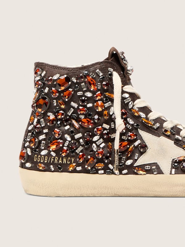 Golden Goose - Francy Damen aus dunkelbraunem Leder mit buntem Strass und wei&szlig;em Suedestern in 