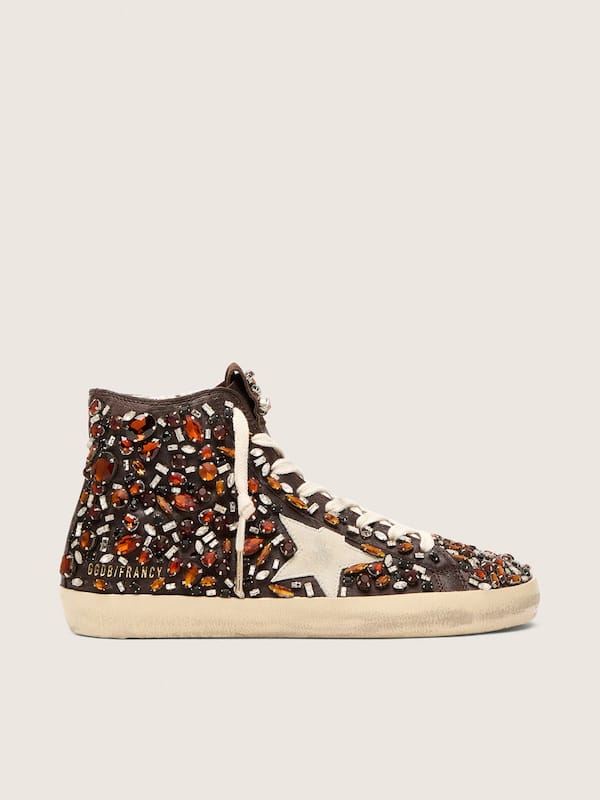 Golden Goose - Francy Damen aus dunkelbraunem Leder mit buntem Strass und wei&szlig;em Suedestern in 