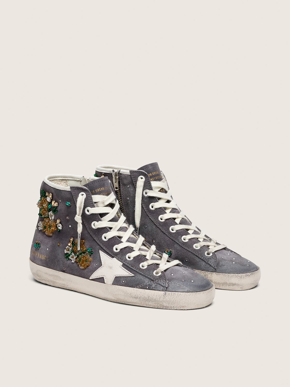 Francy donna in suede grigio scuro con stella bianca e applicazione di perline e cristalli