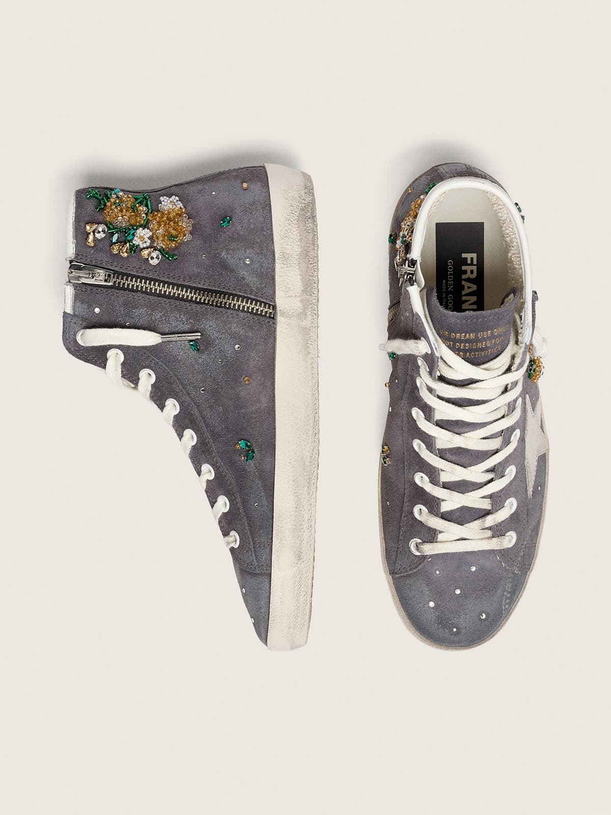 Golden Goose - Francy donna in suede grigio scuro con stella bianca e applicazione di perline e cristalli in 