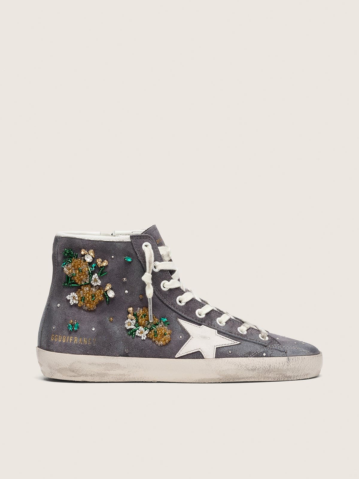 Golden Goose - Francy donna in suede grigio scuro con stella bianca e applicazione di perline e cristalli in 