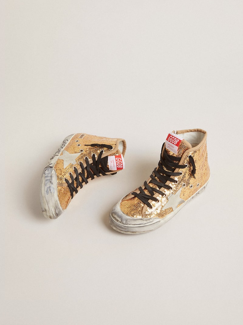 Golden Goose - Francy Penstar aus goldfarbenem Glitzer mit Raulederstern und kornblumenblauer Fersenpartie in 