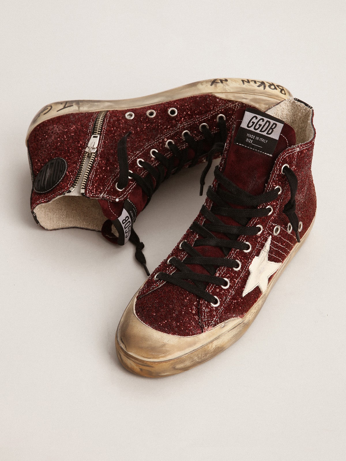 Golden Goose - Francy Penstar sneakers in burgundy glitter with white leather star in 