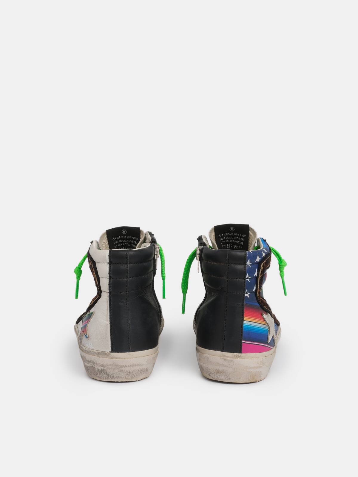Golden Goose - Slide sneakers with multicoloured flag and leopard-print pony skin inserts in 