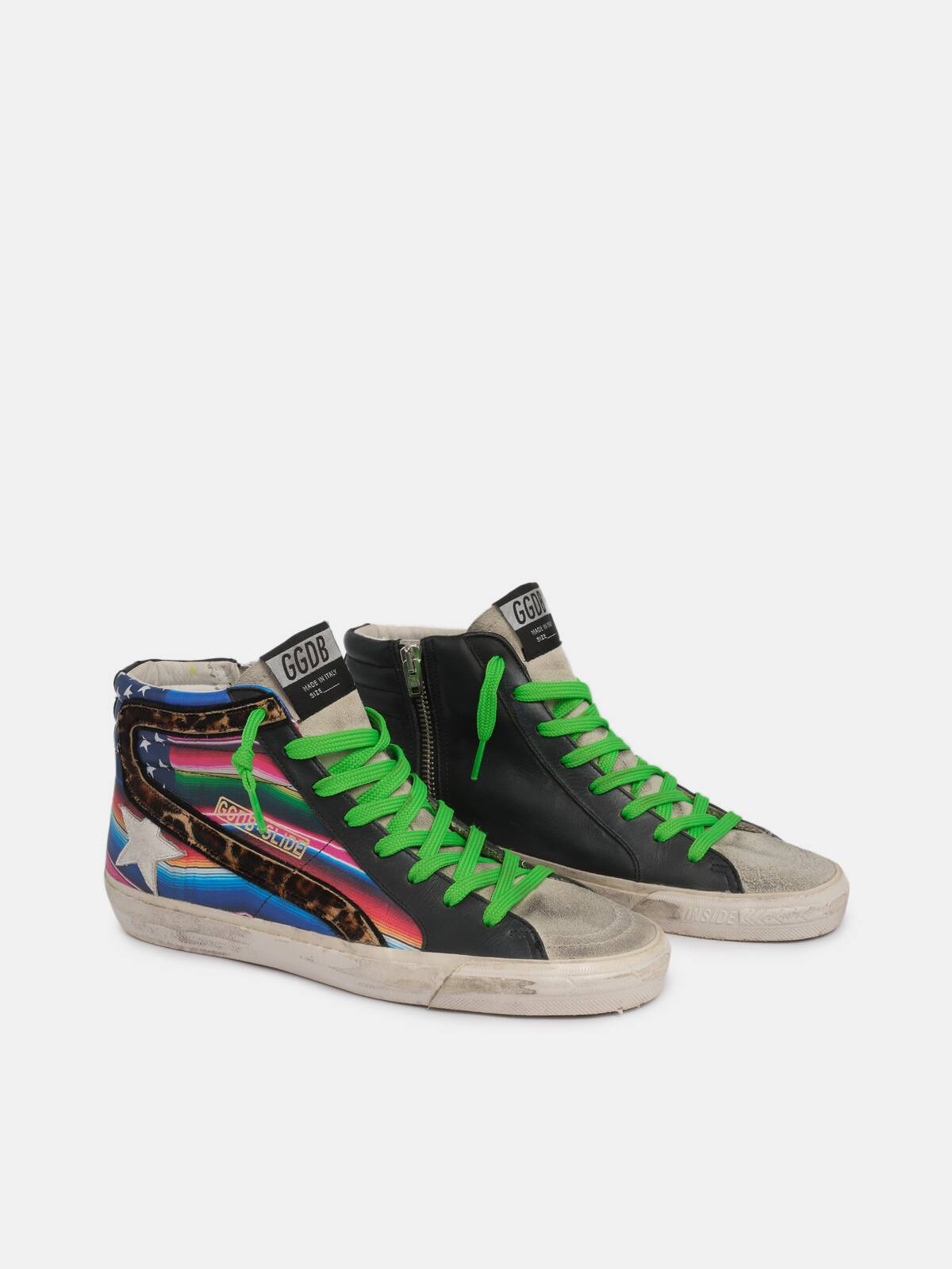 Golden Goose - Slide sneakers with multicoloured flag and leopard-print pony skin inserts in 