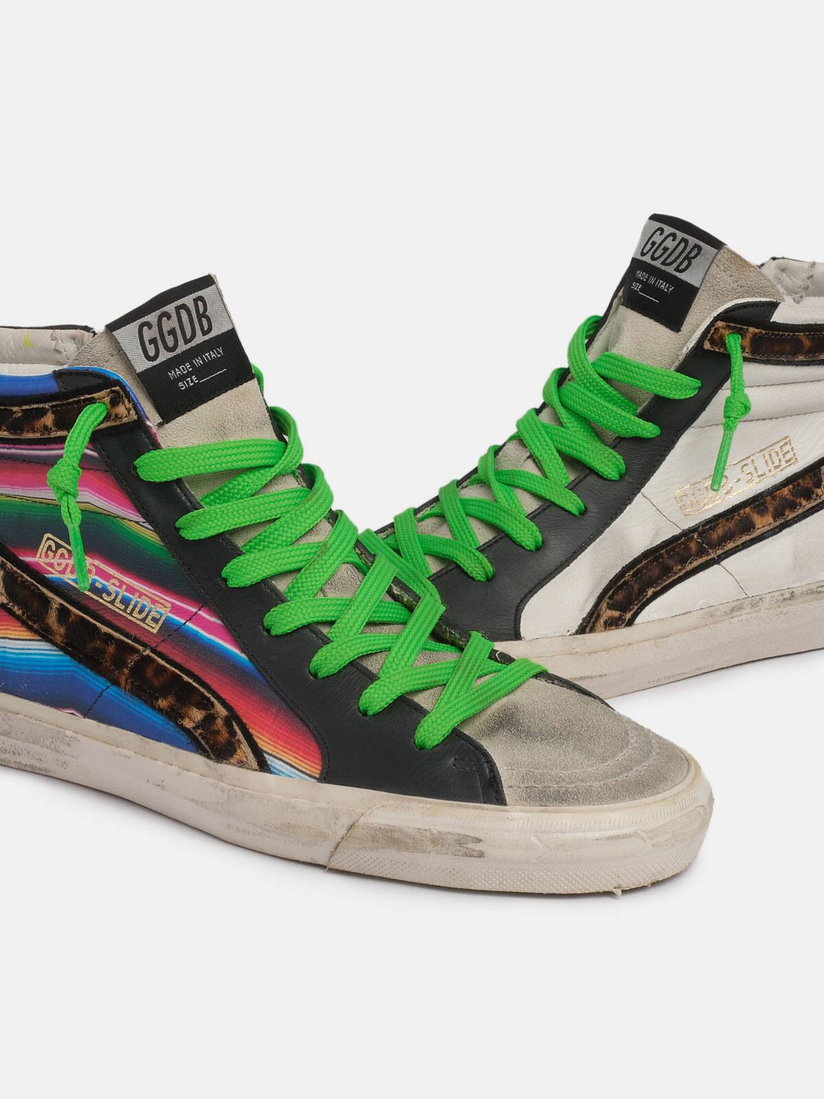 Golden Goose - Slide sneakers with multicoloured flag and leopard-print pony skin inserts in 