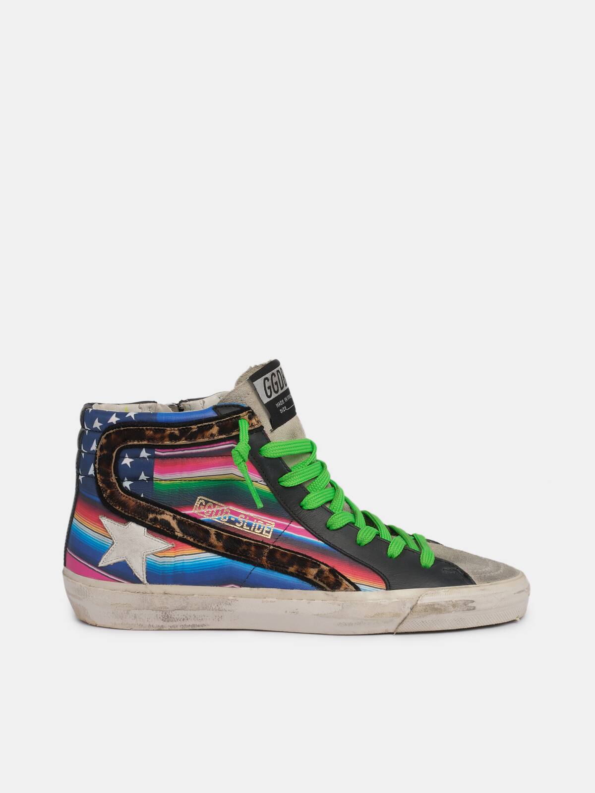 Golden Goose - Slide sneakers with multicoloured flag and leopard-print pony skin inserts in 