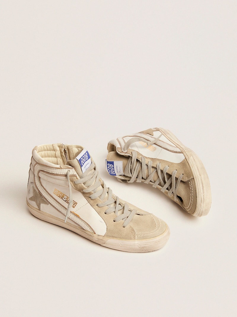 Golden Goose - Damen Slide mit eisgrauem Raulederstern und wei&szlig;em Komma in 