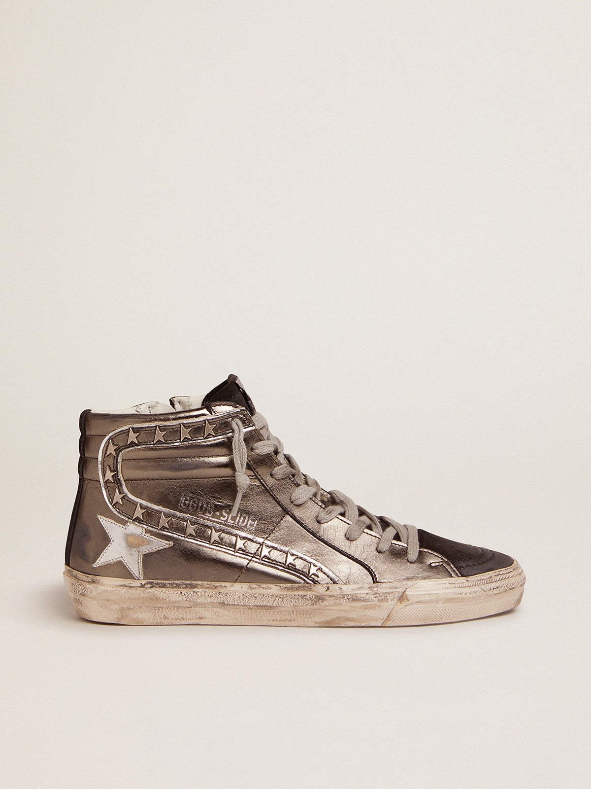 Women s Slide with silver laminated leather upper and studs Golden Goose