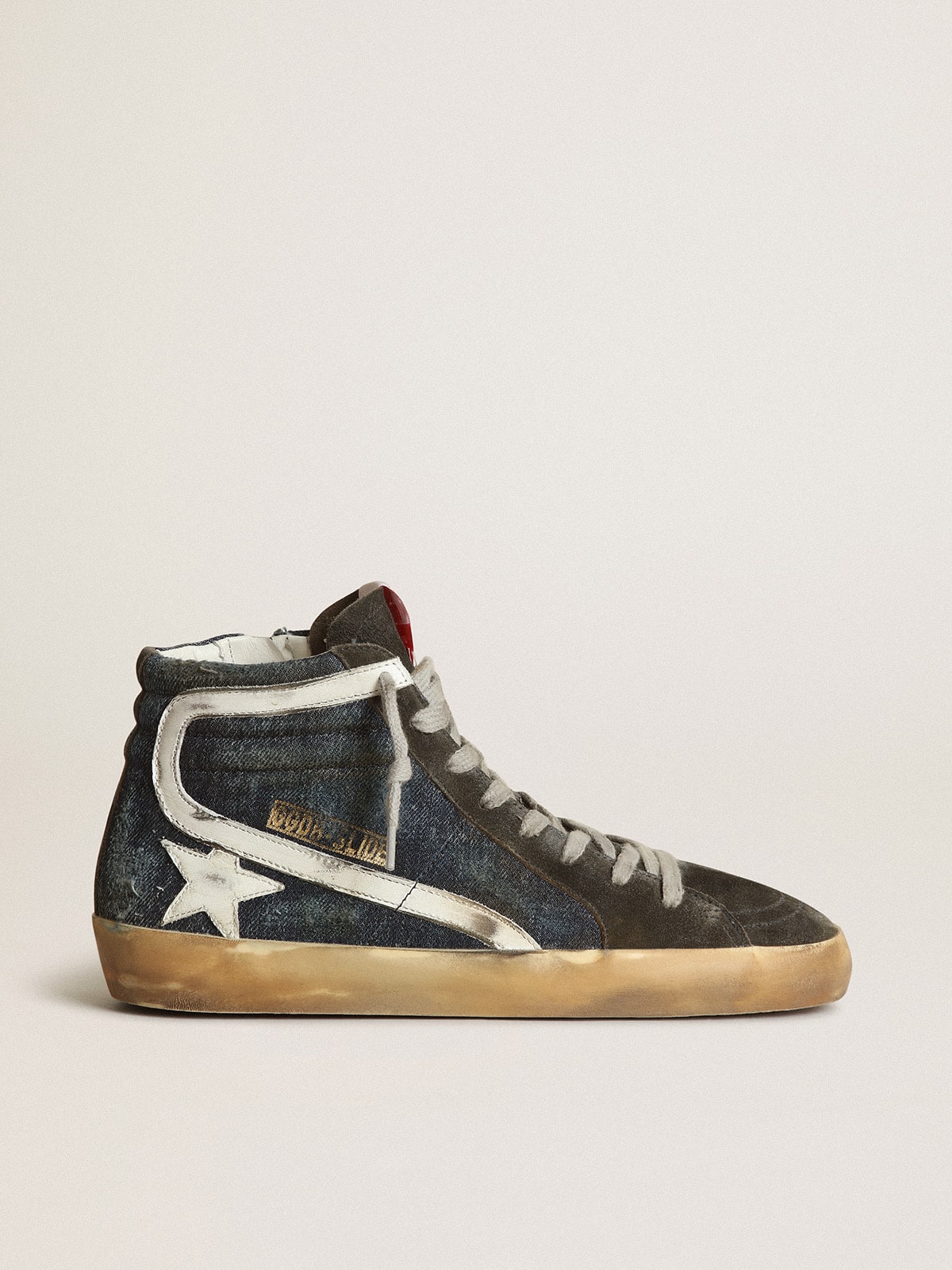 Golden Goose - Slide de denim color azul noche con estrella de piel blanca in 