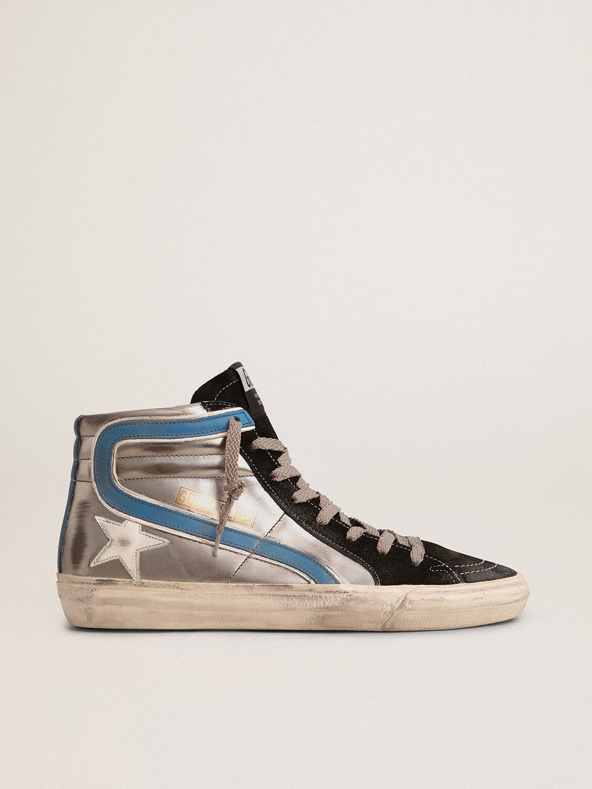 Golden Goose - Slide in silver metallic leather with white leather star in 