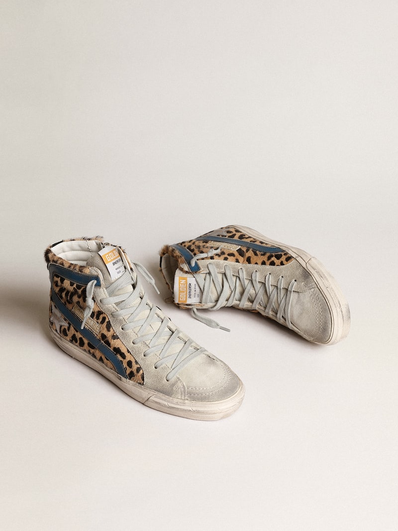 Golden Goose - Slide femme en cuir fa&ccedil;on poulain l&eacute;opard avec &eacute;toile en cuir argent&eacute; in 
