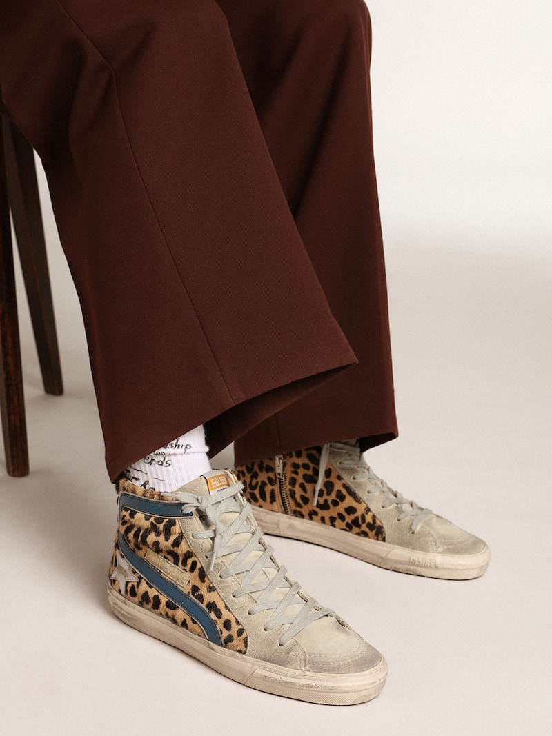 Golden Goose - Slide femme en cuir fa&ccedil;on poulain l&eacute;opard avec &eacute;toile en cuir argent&eacute; in 