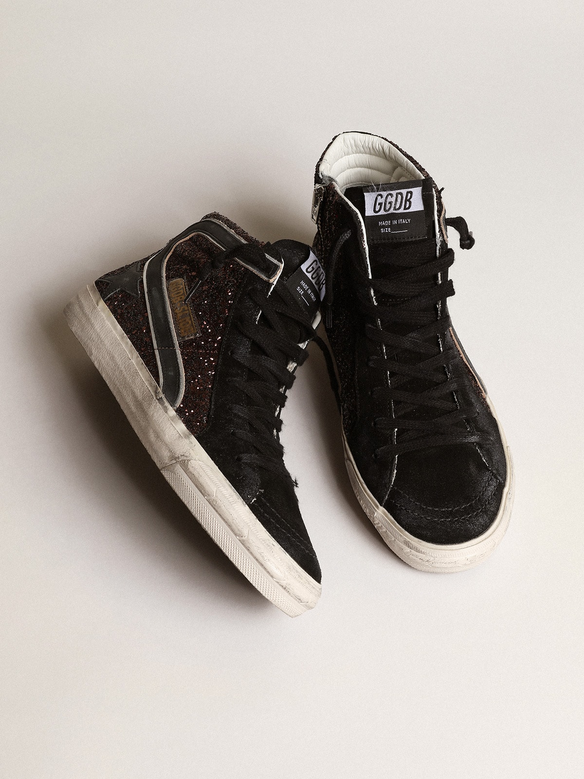 Slide in brown glitter with black leather star and flash Golden Goose