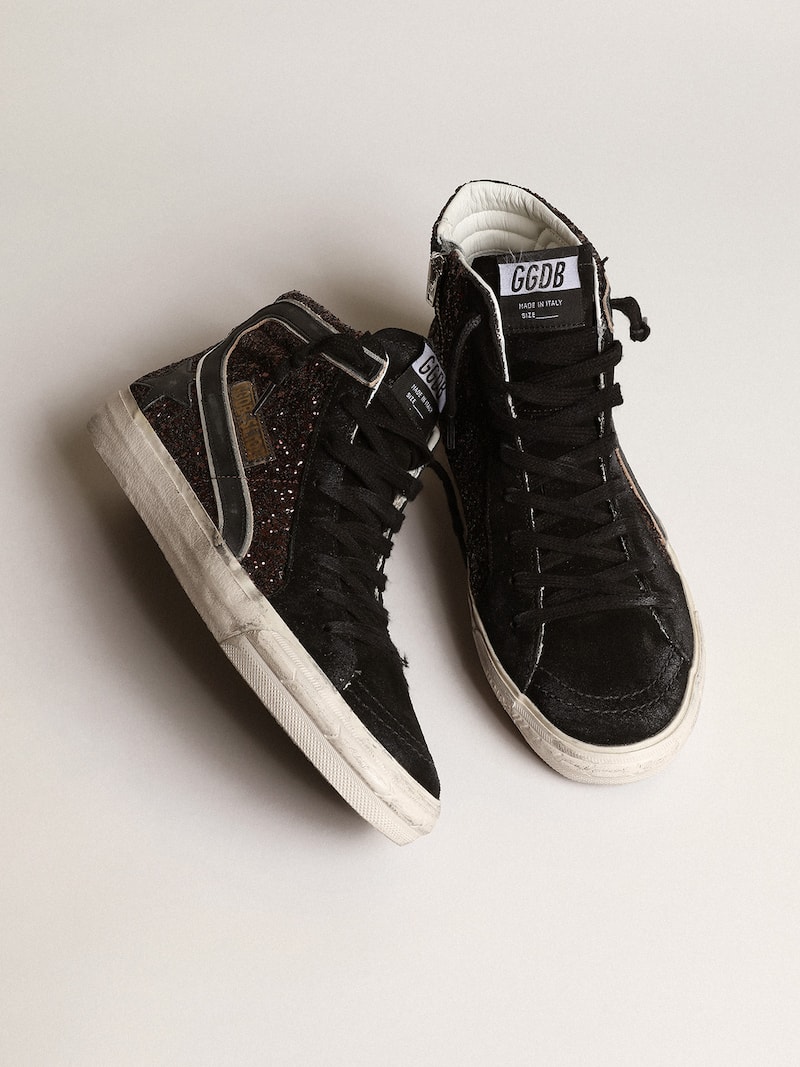 Golden Goose - Slide con purpurina marr&oacute;n y estrella y detalle de &laquo;coma&raquo; de piel negra in 