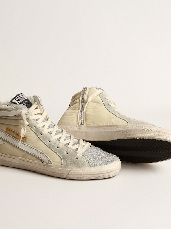 Golden Goose - Slide in ivory nylon with white leather star and silver Swarovski crystal tongue in 