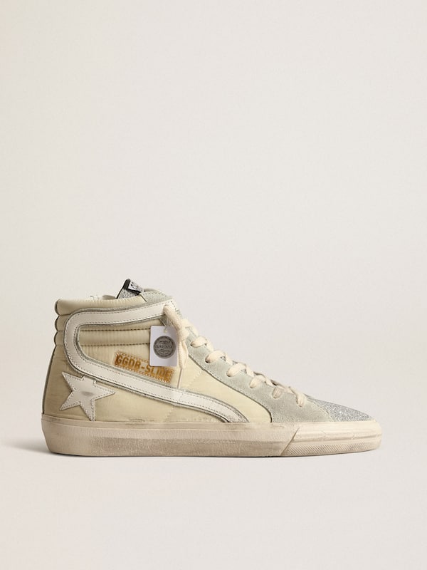 Golden Goose - Slide in ivory nylon with white leather star and silver Swarovski crystal tongue in 