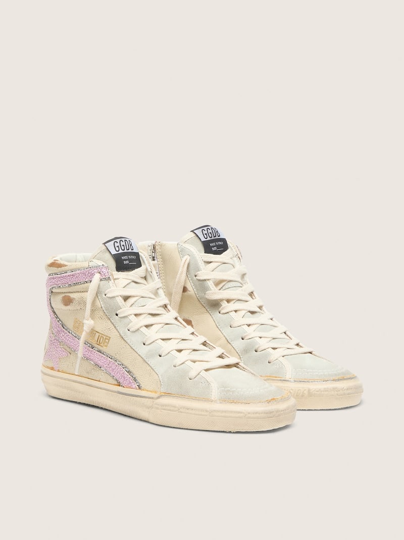 Golden Goose - Slide  beige con estrella y detalle de &laquo;coma&raquo; de piel laminada rosa in 