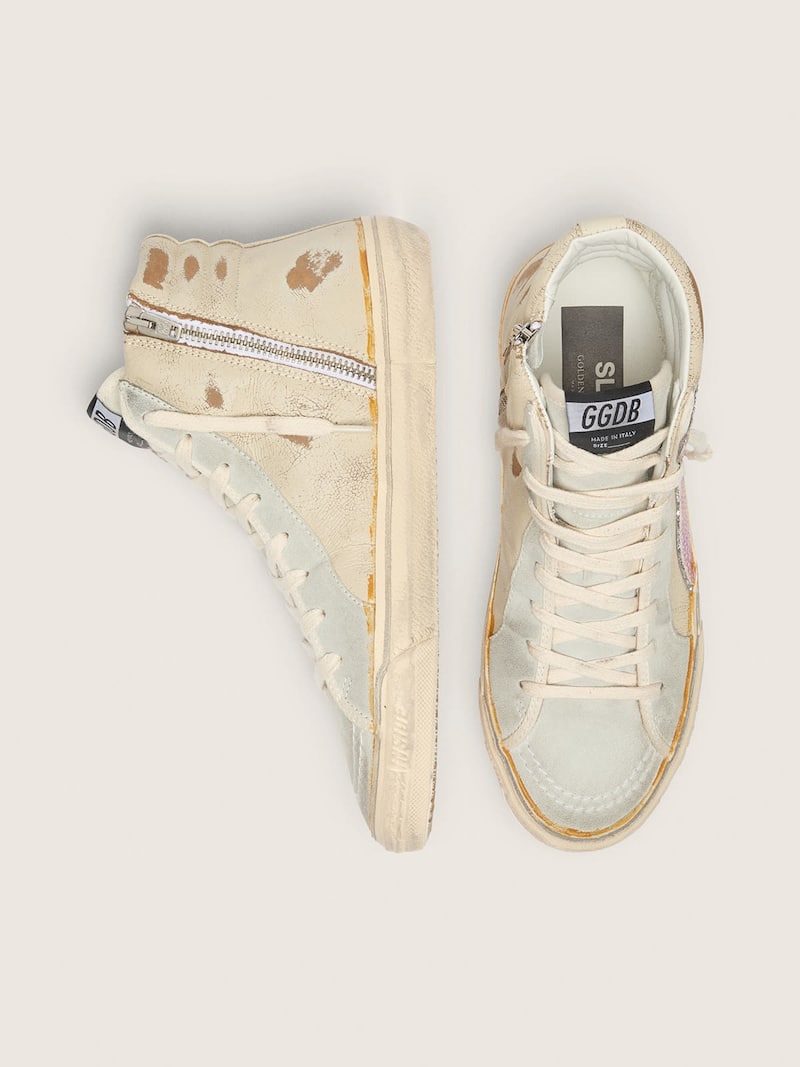 Golden Goose - Slide  beige con estrella y detalle de &laquo;coma&raquo; de piel laminada rosa in 