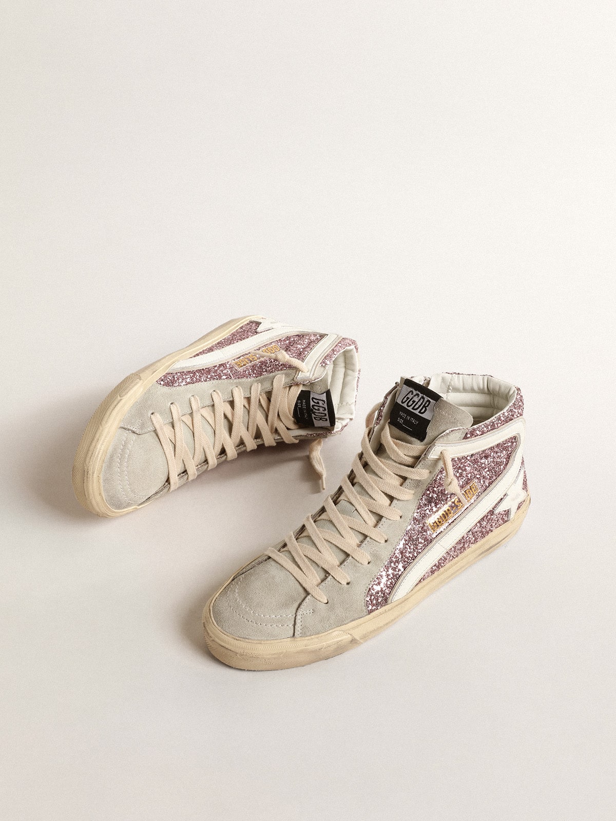 Slide in lilac glitter with white leather star and flash Golden Goose