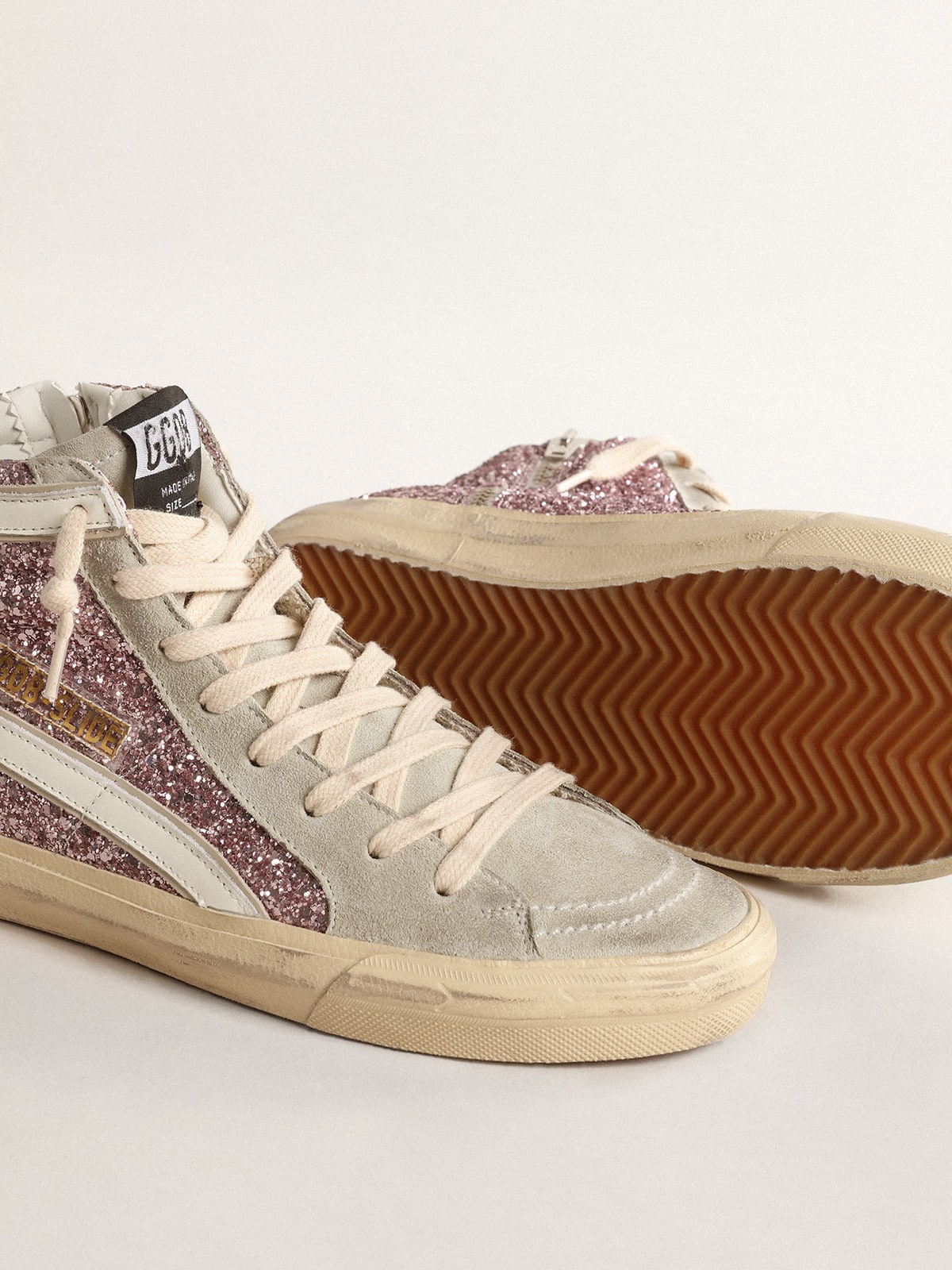 Golden Goose - Slide à paillettes lilas avec étoile et virgule en cuir blanc in 