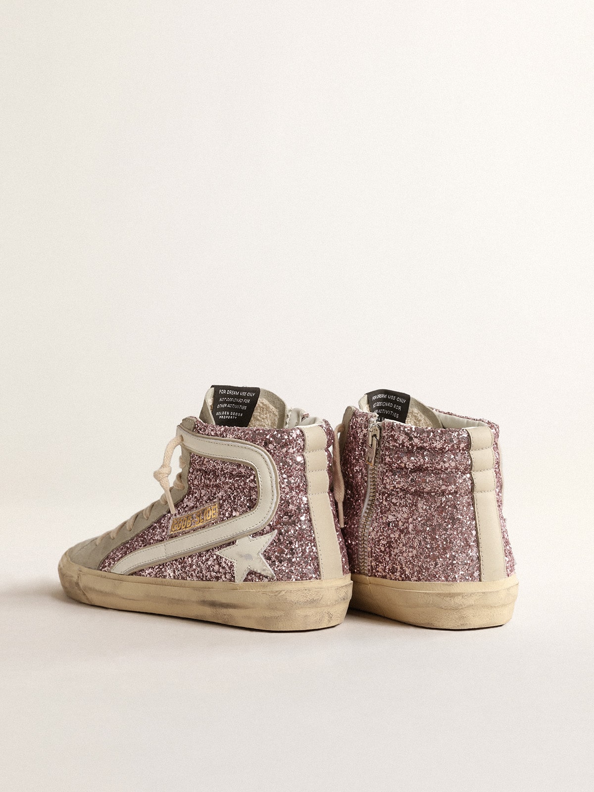 Golden Goose - Slide à paillettes lilas avec étoile et virgule en cuir blanc in 