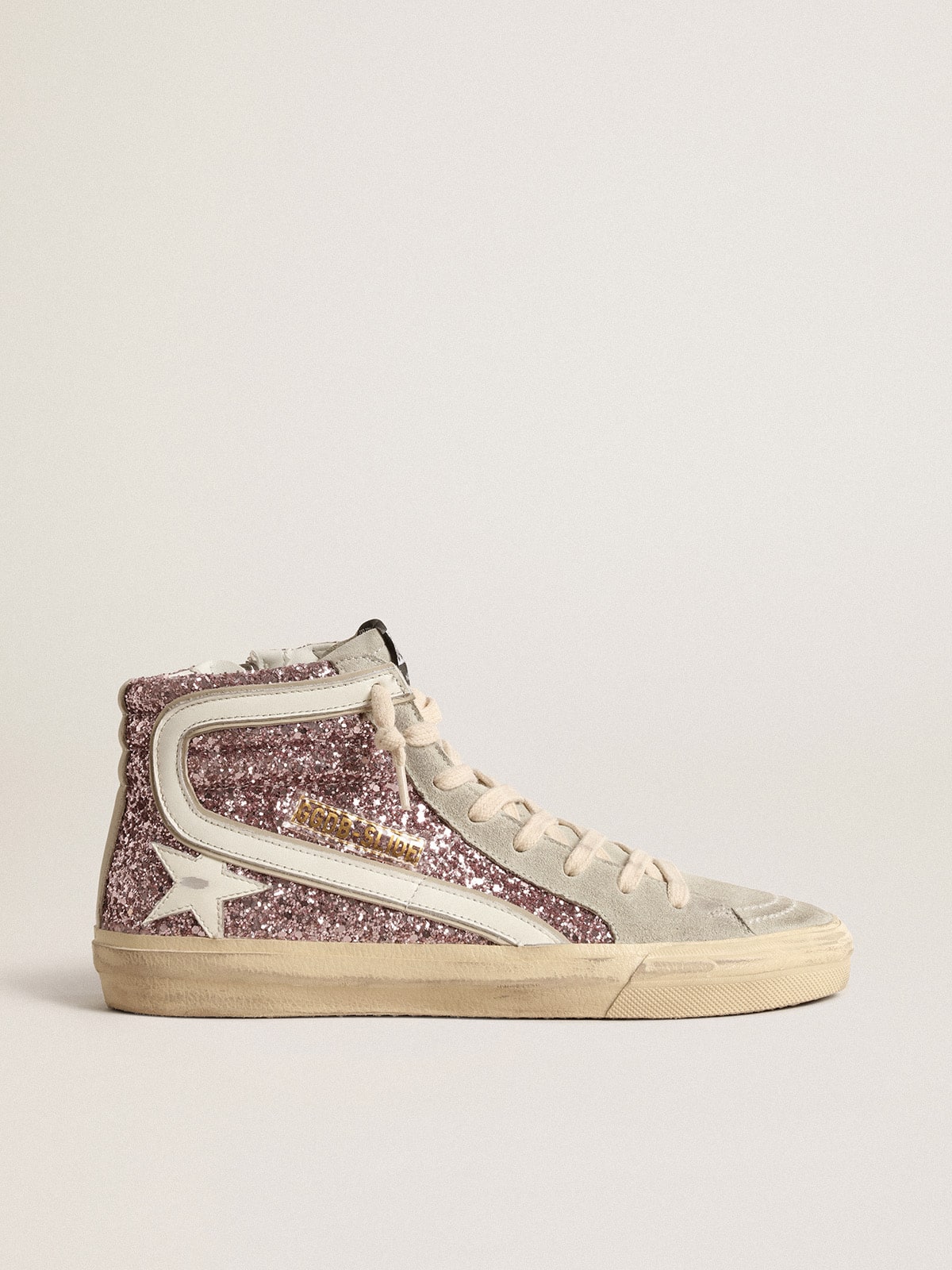 Golden Goose - Slide con purpurina lila y estrella y detalle de «coma» de piel blanca in 