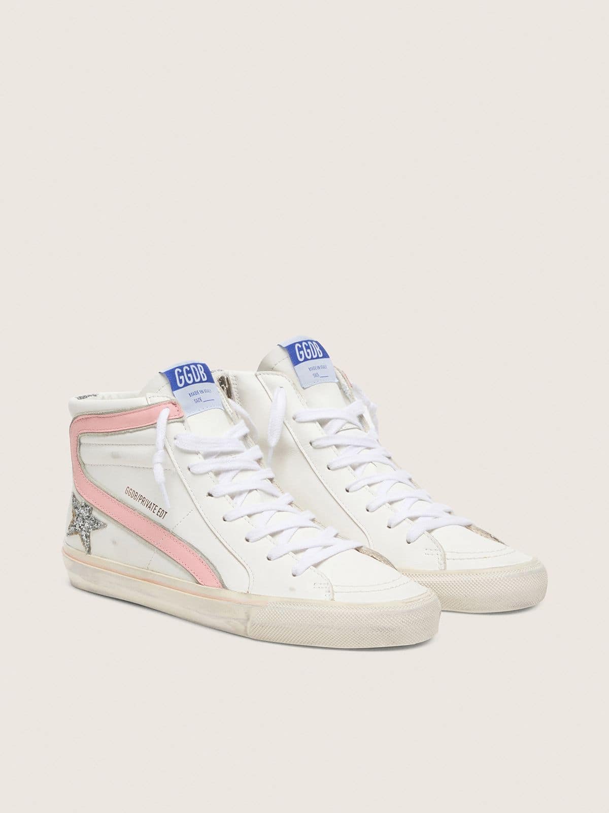 Golden Goose - Slide Donna in pelle bianca con stella in glitter argento e virgola in pelle rosa in 