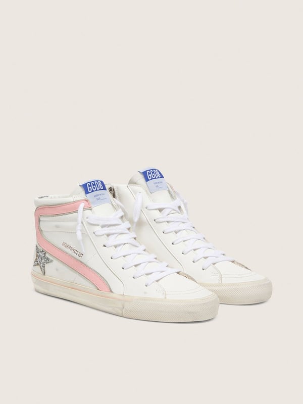 Golden Goose - Women's Slide in white leather with silver glitter star and pink leather flash in 