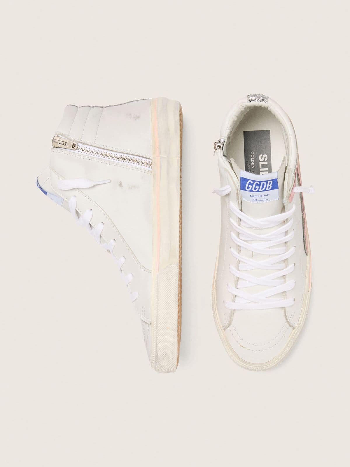 Golden Goose - Slide Donna in pelle bianca con stella in glitter argento e virgola in pelle rosa in 