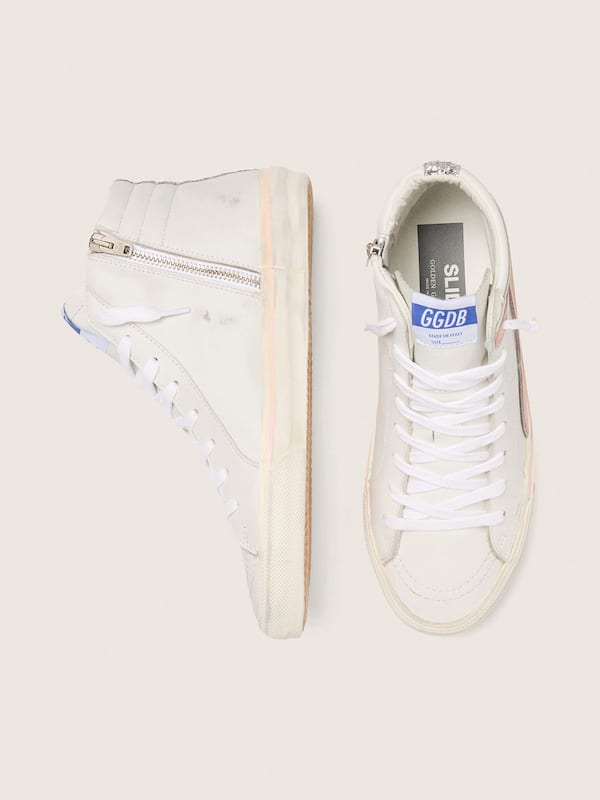 Golden Goose - Women's Slide in white leather with silver glitter star and pink leather flash in 