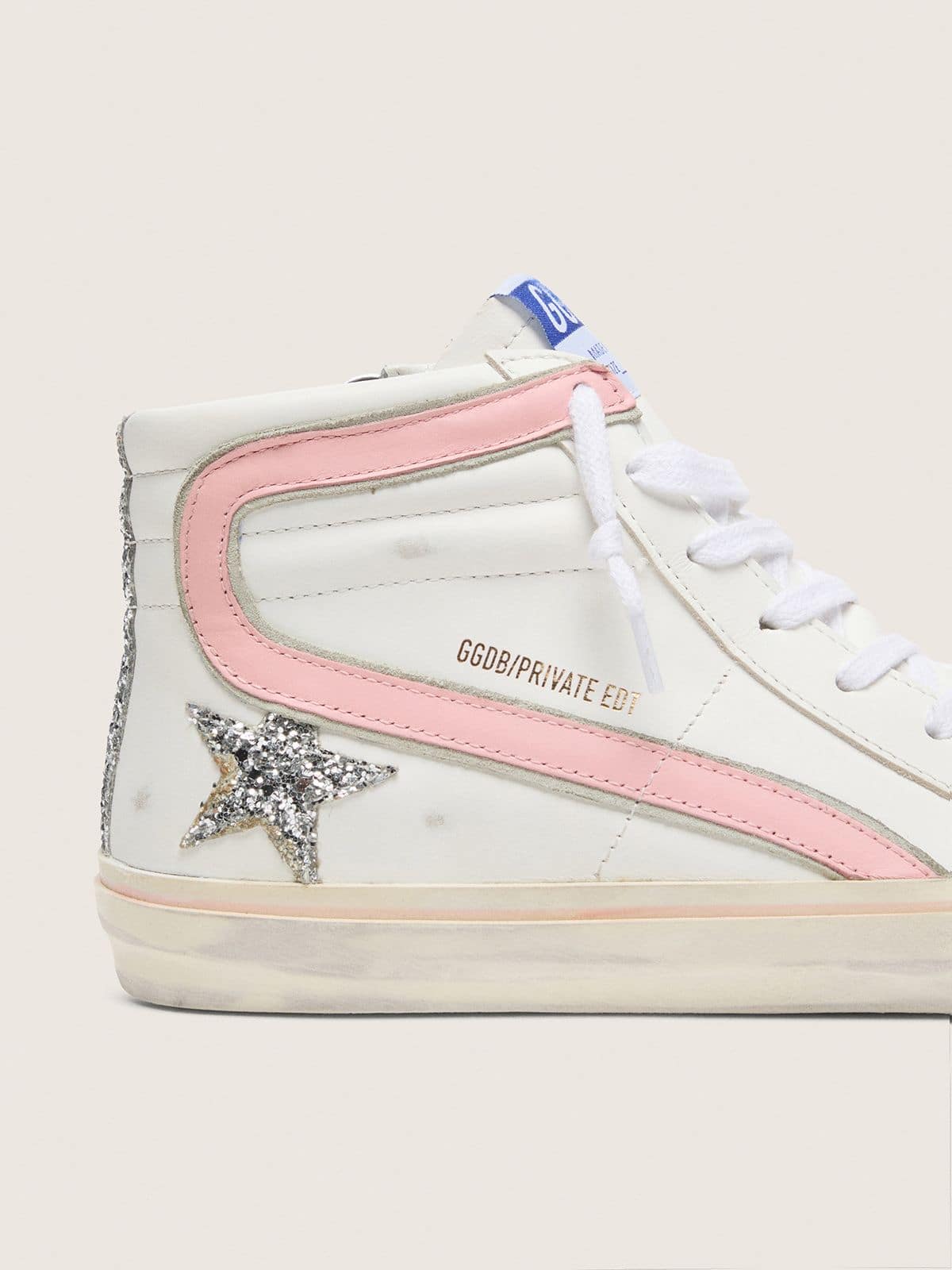 Golden Goose - Slide Donna in pelle bianca con stella in glitter argento e virgola in pelle rosa in 