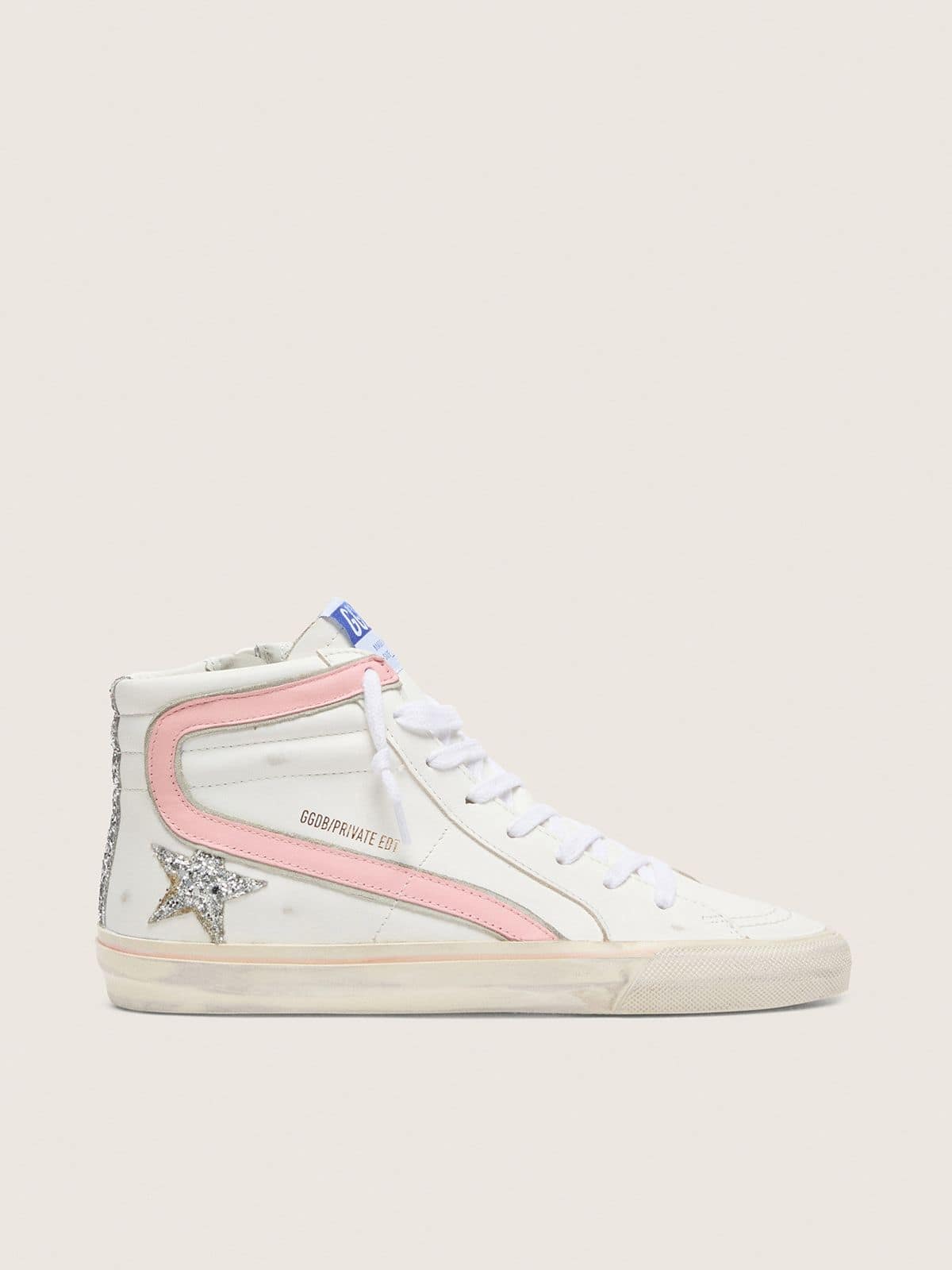 Golden Goose - Slide Donna in pelle bianca con stella in glitter argento e virgola in pelle rosa in 