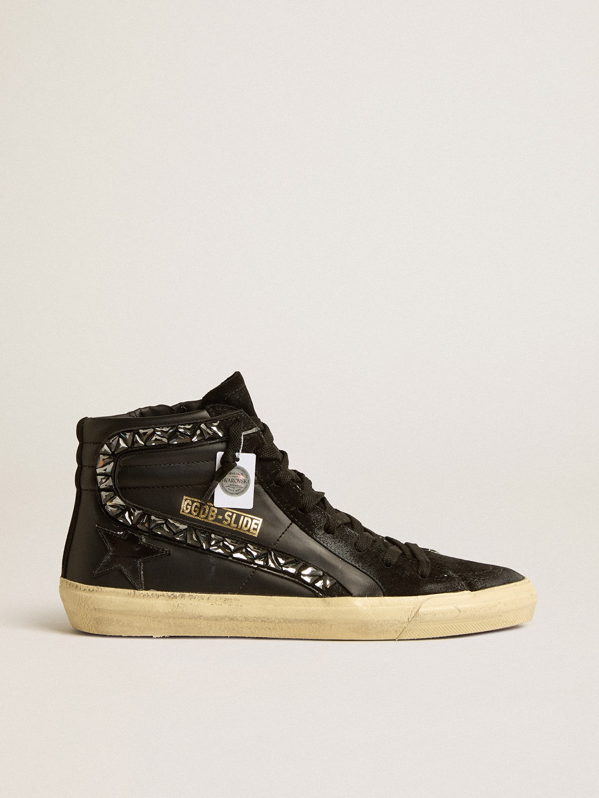 Slide in leather with black star and Swarovski crystal flash Golden Goose