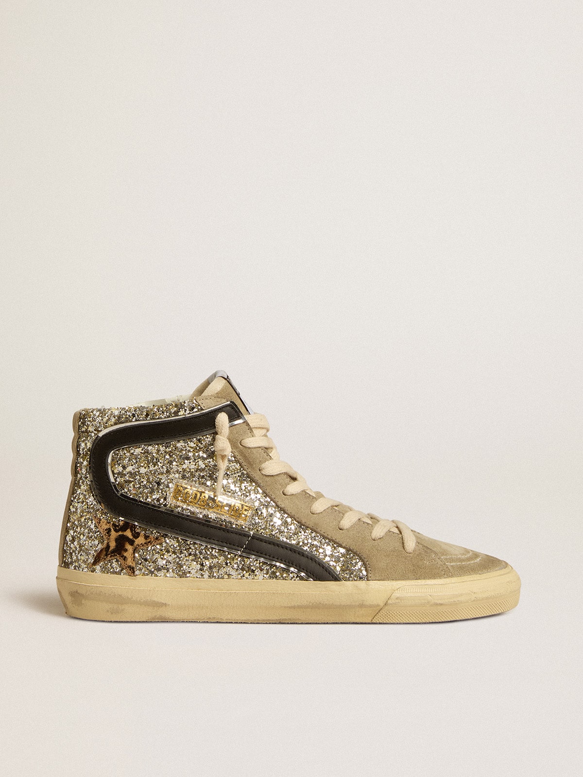 Slide in platinum glitter with leopard print pony skin star and black flash Golden Goose