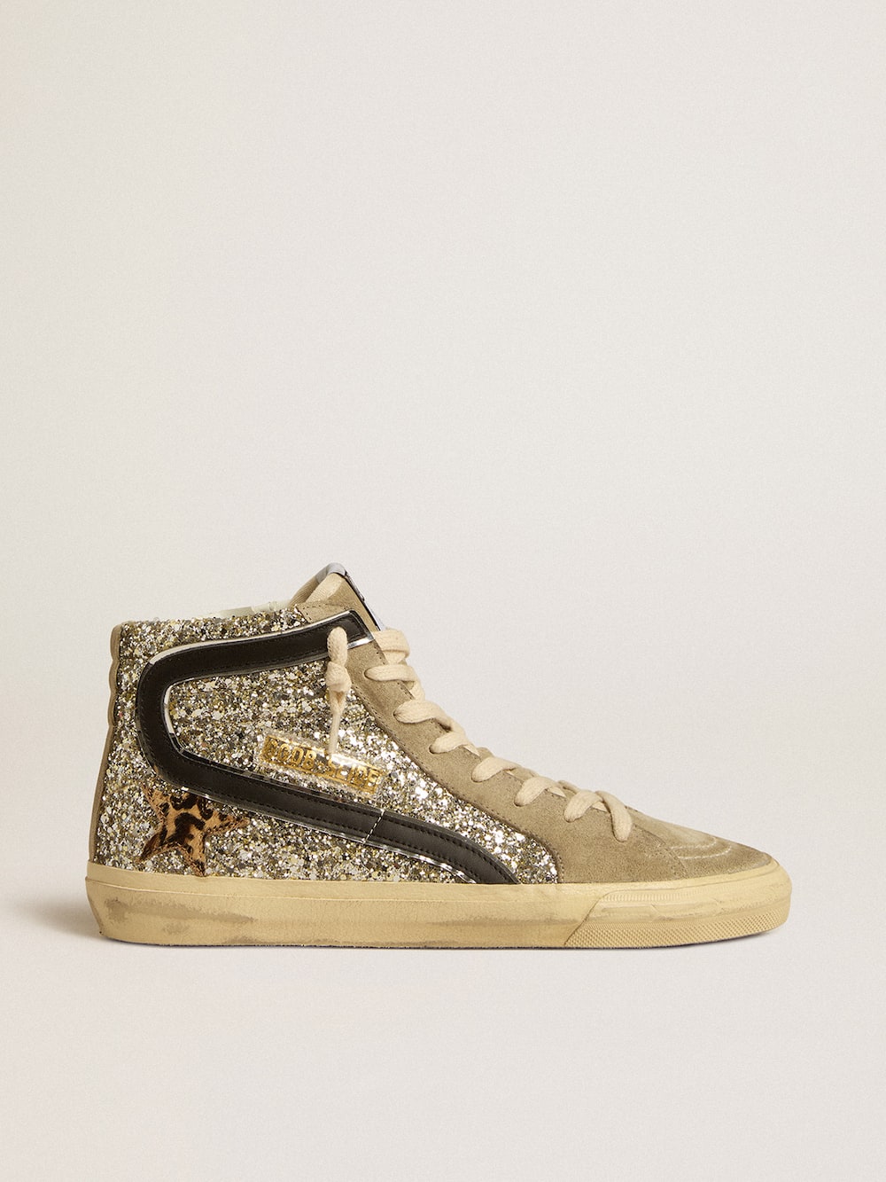 Golden Goose - Slide in platinum glitter with leopard-print pony skin star and black flash in 