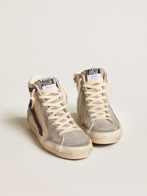 Golden Goose - Slide with gray leather star and wine-colored glitter flash in 