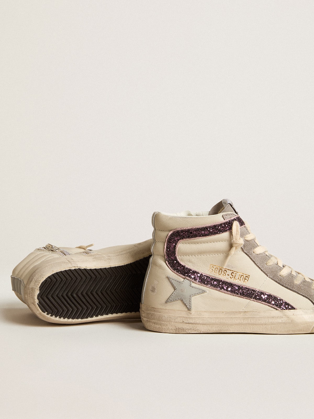 Golden Goose - Slide with gray leather star and wine-colored glitter flash in 