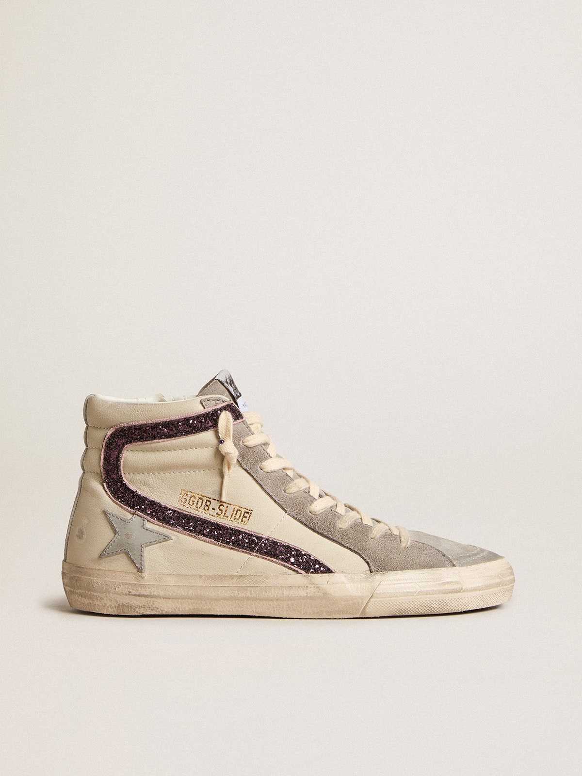 Golden Goose - Slide with gray leather star and wine-colored glitter flash in 