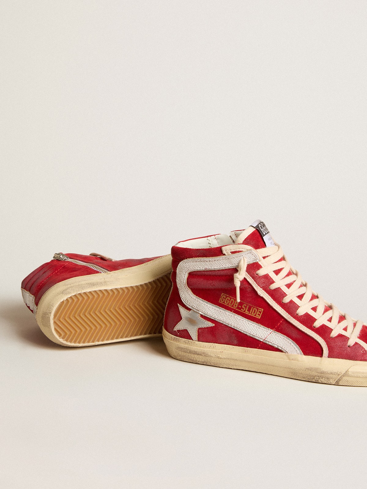 Golden Goose - Slide in red suede with silver star and lizard print flash in 