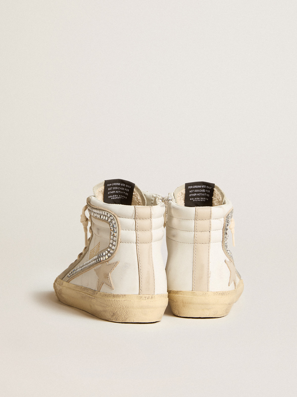 Golden Goose - Slide avec étoile en cuir nude et virgule en daim et Swarovski in