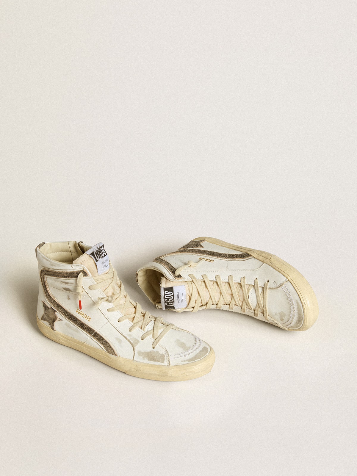 Women’s Slide LAB in white leather with star and flash in brown suede